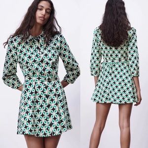 Zara The Nelly Belted Cotton Mini Dress Geometric Print Green Medium